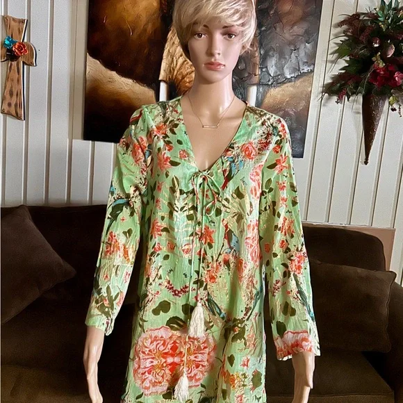 Caribbean Joe ~ Large ~ Green W/ Gold & Red Floral Tunic Swim Coverup Dress - Picture 5 of 15